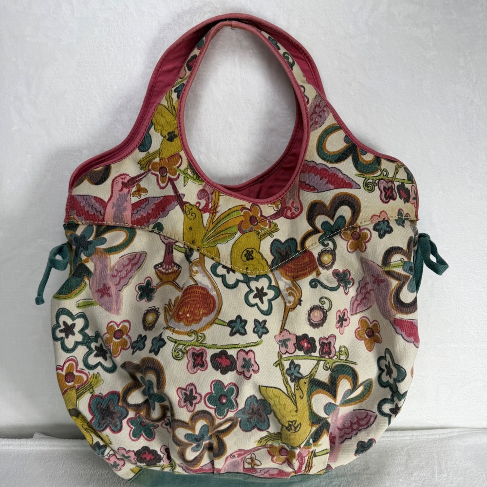 VTG Lucky Brand Floral  Birds Flowers Canvas Tote‎ Bag Boho Pleated Shoulder Bag